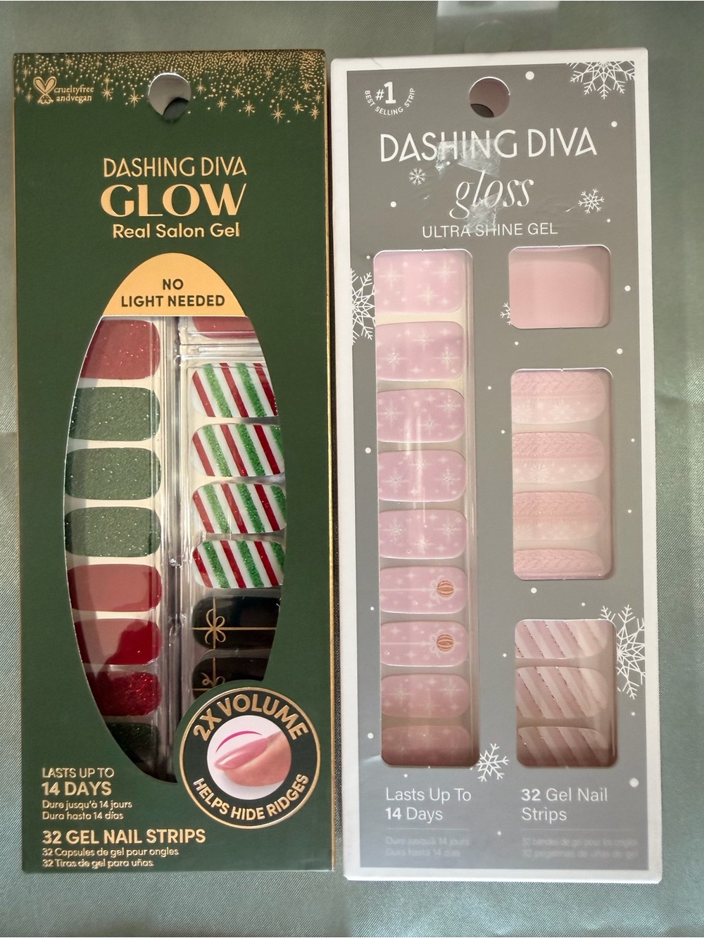 Dashing Diva Glow & Gloss Gel Nail Strips - Green, Red, Pink Christmas NEW